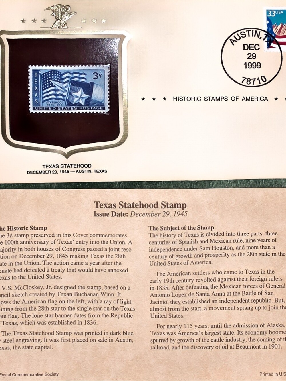 Texas Statehood Stamp Commemorative Cover